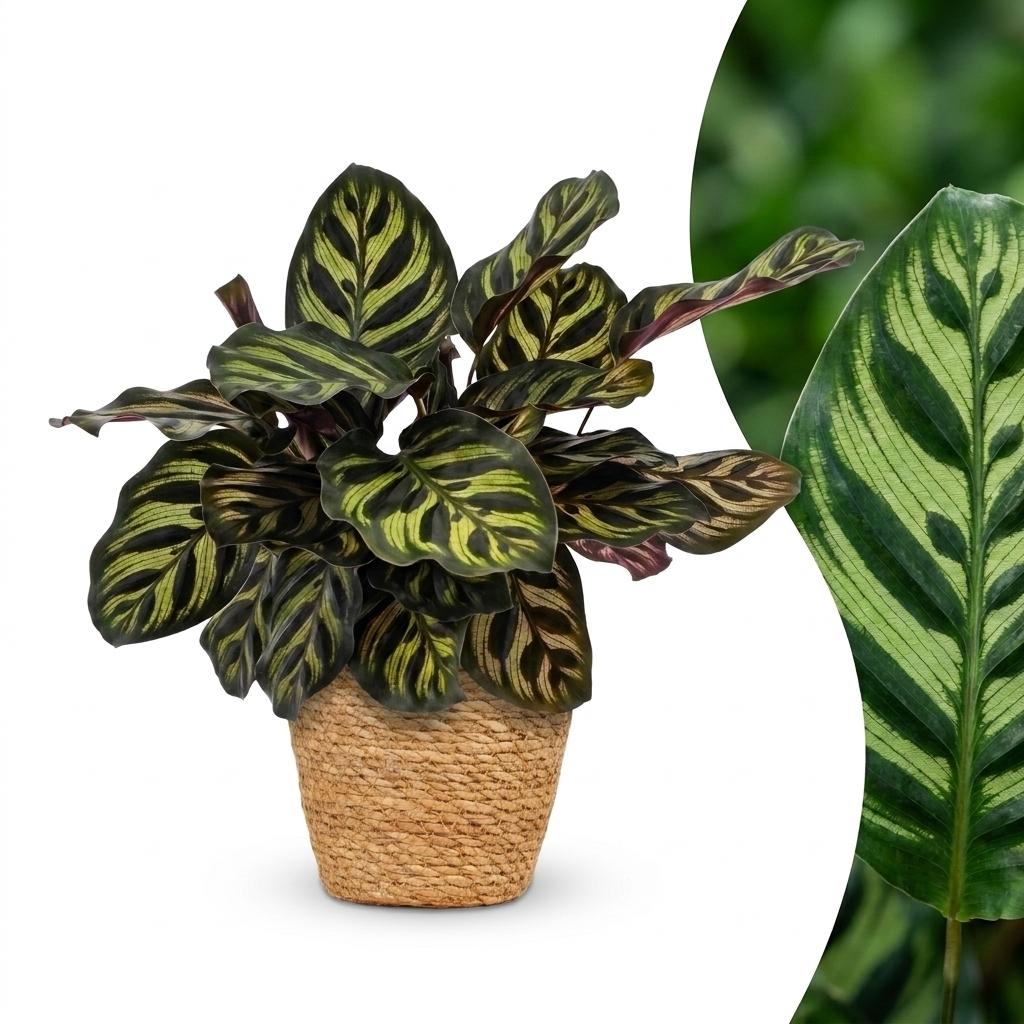 Une Calathea Makoyana, plante paon, avec son feuillage vert foncé et des motifs vert clair distinctifs, placée dans un joli cache-pot en