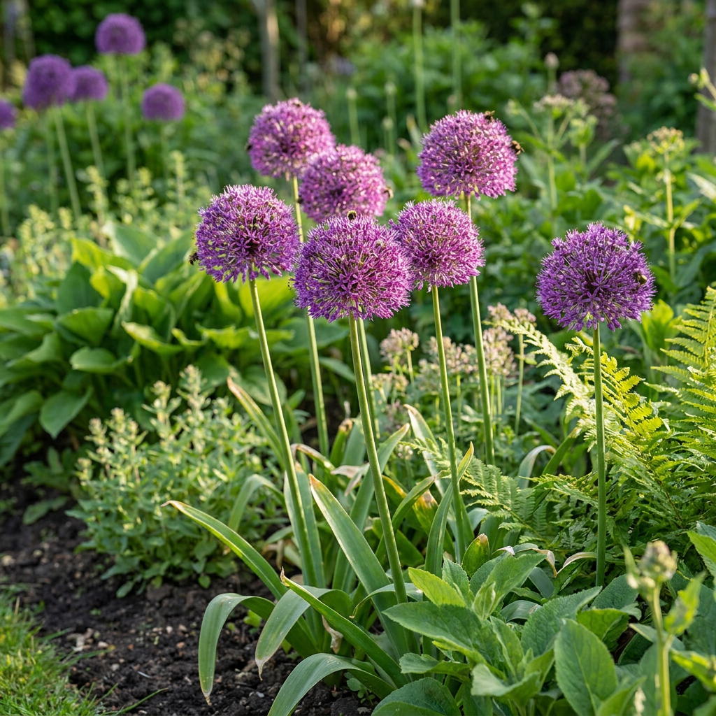 Massif de fleurs d'Ail d'ornement 'Purple Sensation' avec leurs sphères de fleurs violettes