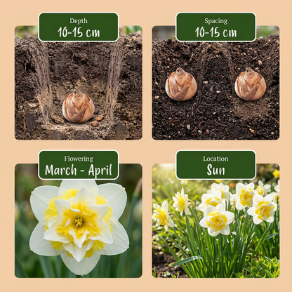Guide de plantation des bulbes de Narcisse 'Ice King' incluant profondeur, espacement, floraison et exposition.