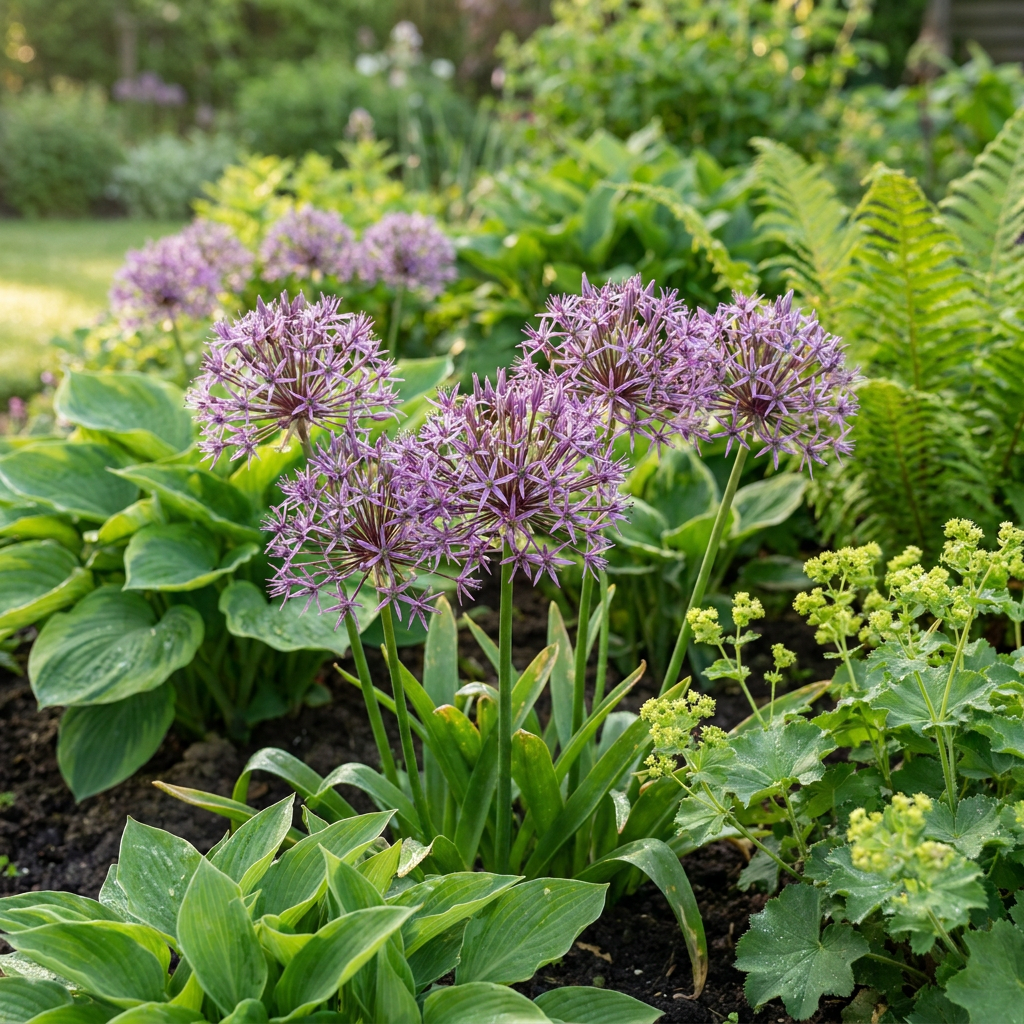 Ail d'ornement Christophii en fleurs violettes dans un jardin luxuriant entouré de feuillage vert