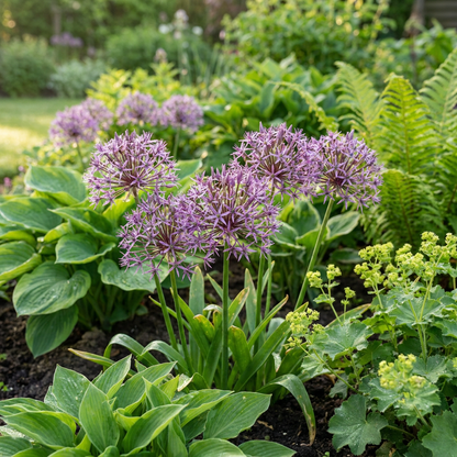 Ail d'ornement Christophii en fleurs violettes dans un jardin luxuriant entouré de feuillage vert
