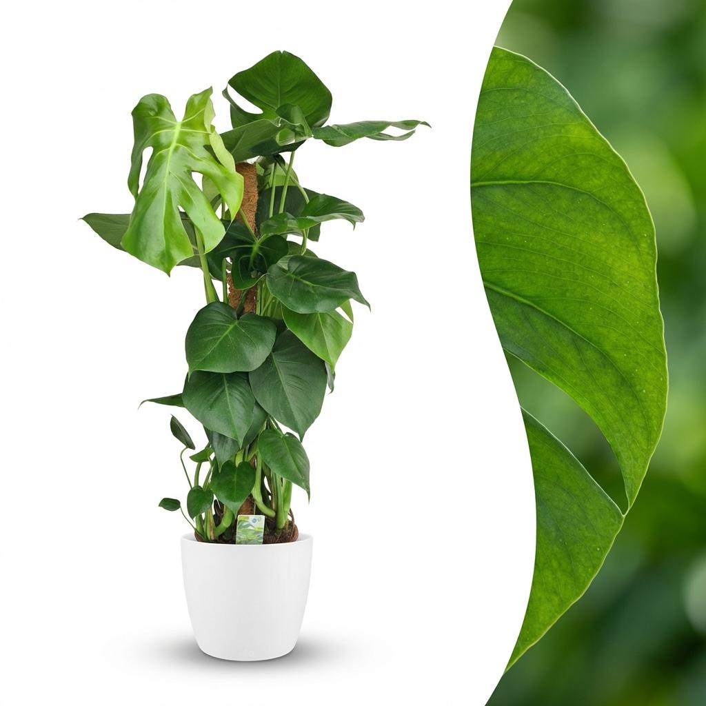 Plante d'intérieur - Monstera Deliciosa sur tuteur - Vert - Entretien facile - 1 Plante - avec Pot Blanc - Pot 19cm - Hauteur 90cm