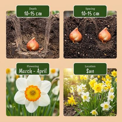 Guide de plantation des bulbes de Narcisse avec profondeur, espacement, floraison et exposition au soleil.