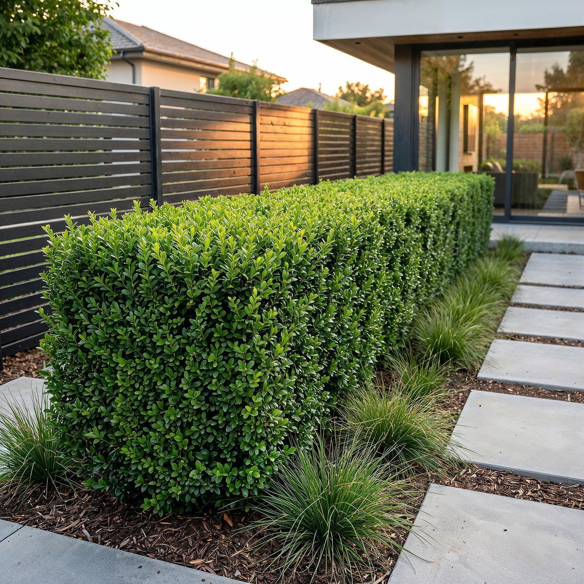 Buxus sempervirens, petit palmier, en haie dense et bien taillée, bordant une allée de dalles claires devant une façade moderne et une clôtu