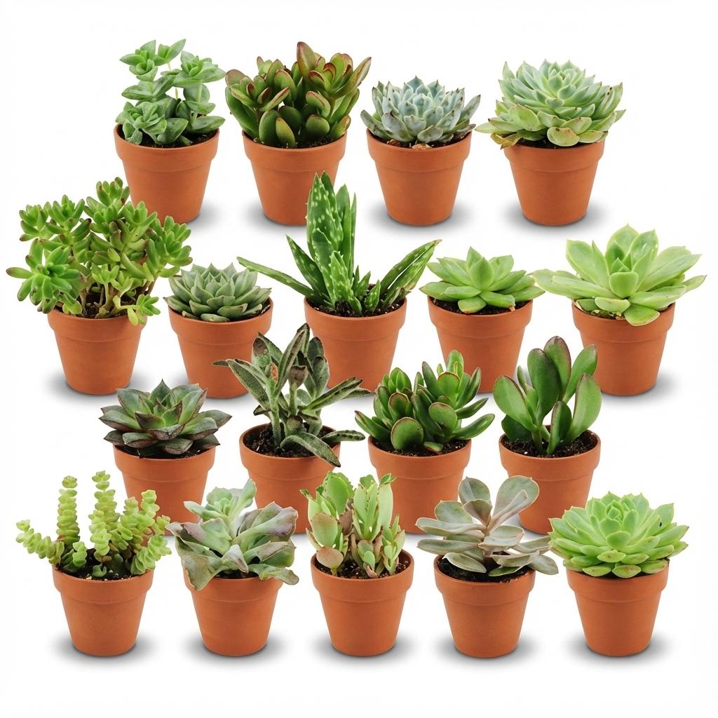 Dix-huit mini succulentes de variétés et couleurs différentes, plantées dans des petits pots individuels en terre cuite