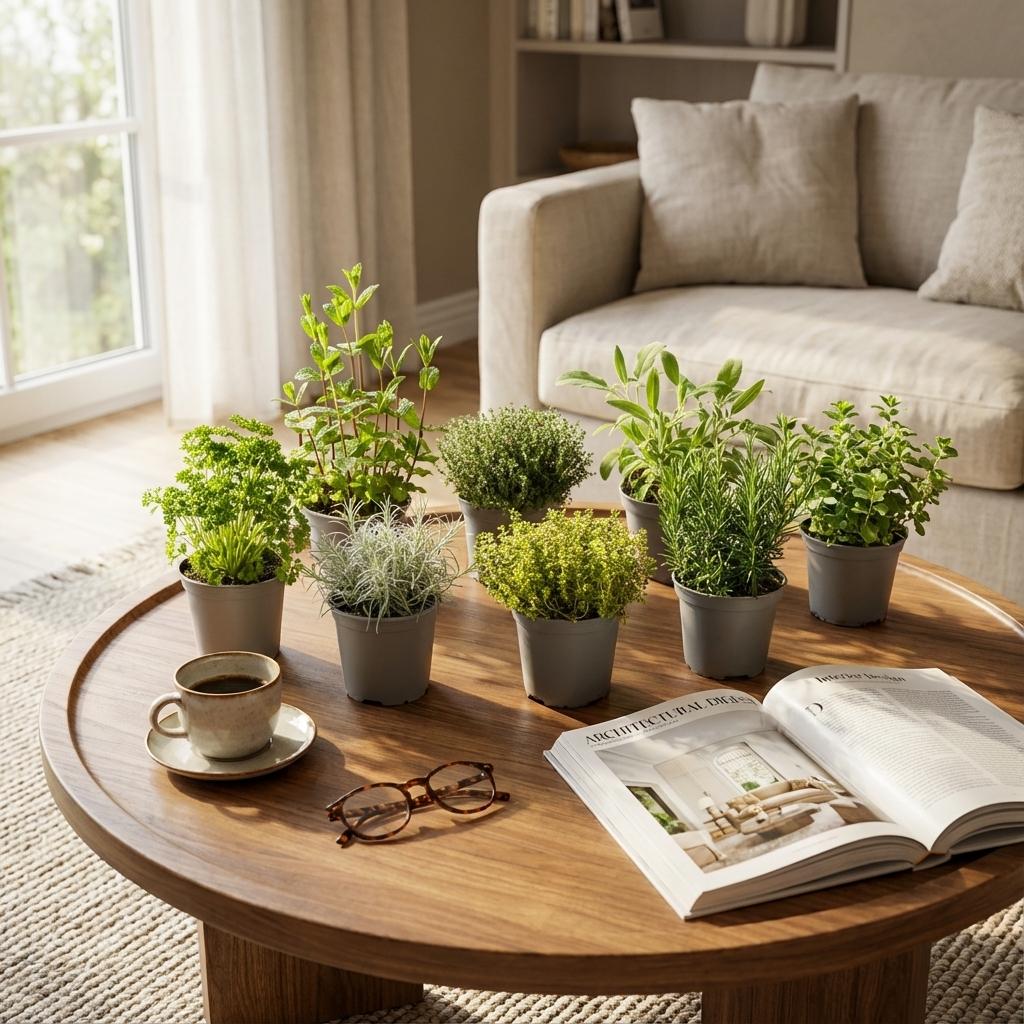 Mélange d'Herbes Italiennes. Lot de 8 plants de persil, menthe, thym, sauge et romarin en pots gris, posés sur une table basse en bois dans 