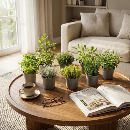 Mélange d'Herbes Italiennes. Lot de 8 plants de persil, menthe, thym, sauge et romarin en pots gris, posés sur une table basse en bois dans 