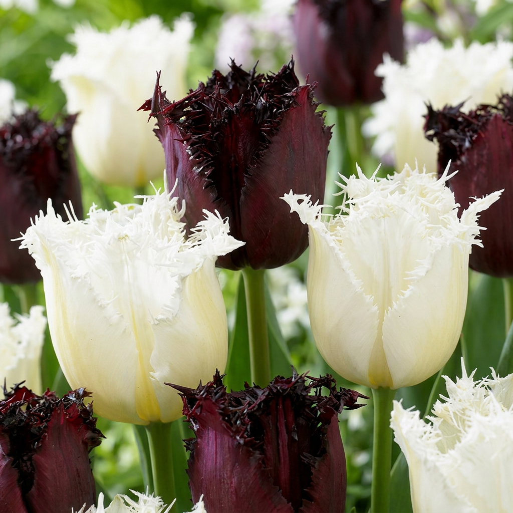 Tulipes 'Breakdance' en mélange : fleurs frangées blanches et bordeaux pour une floraison printanière éclatante.