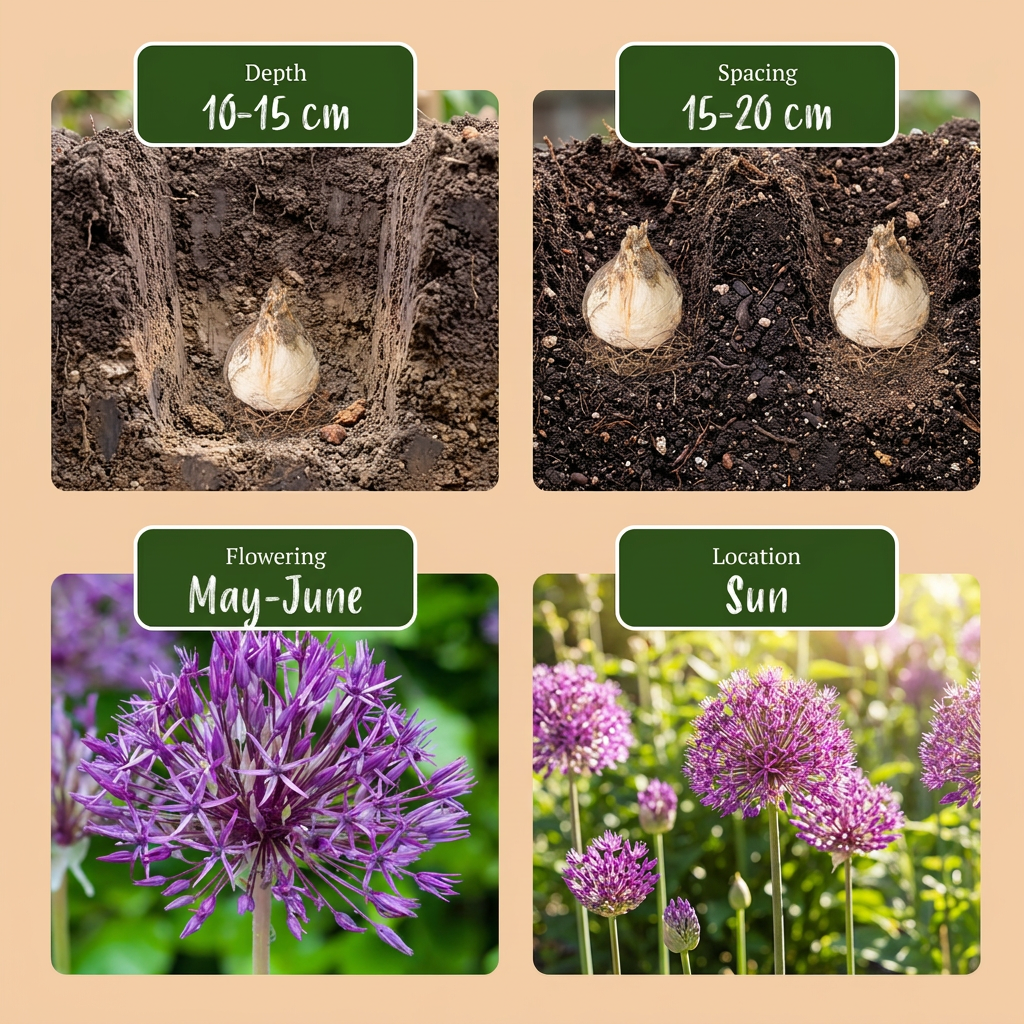 Guide de plantation des bulbes d'Ail d'ornement 'Purple Rain' (Allium) avec profondeur, espacement, floraison et exposition.
