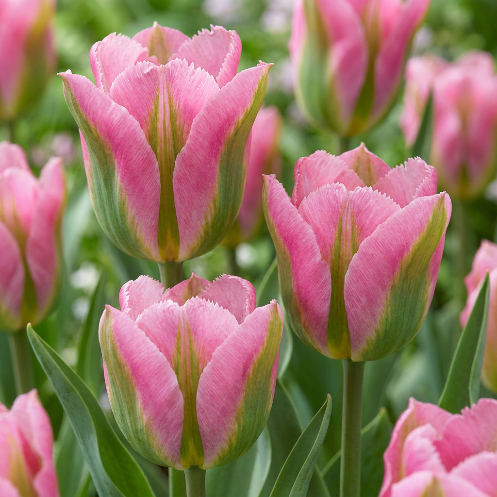 Champ de tulipes 'Striped Crown' aux pétales roses frangés et rayures vertes, dans un jardin printanier.
