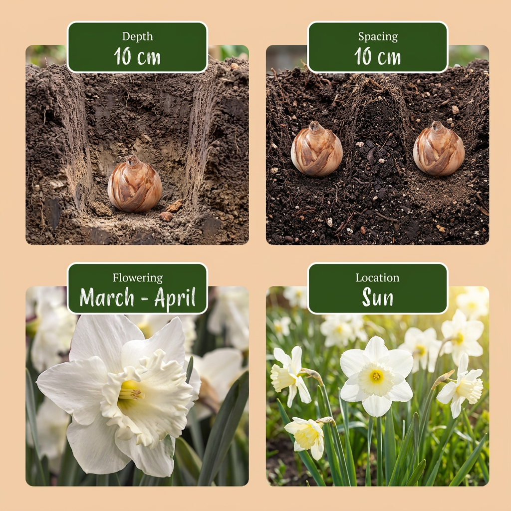 Guide de plantation des bulbes pour jardin ensoleillé : profondeur, espacement, floraison mars-avril, exposition plein