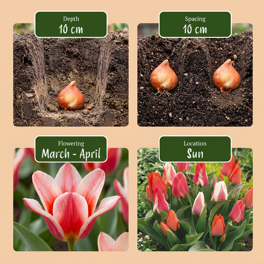 Guide de plantation des bulbes de Tulipe Greigii en mélange avec profondeur, espacement, période de floraison et exposition.