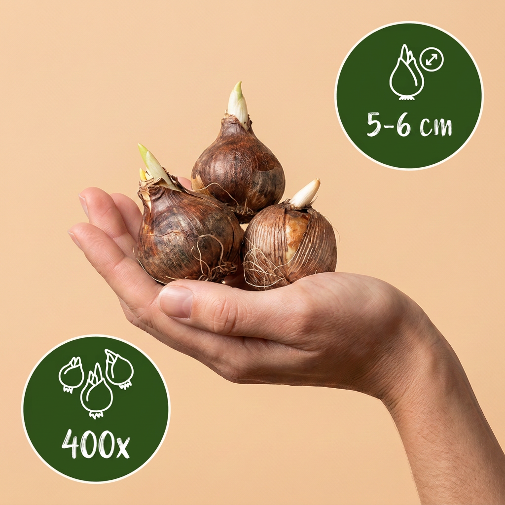 Bulbes de Crocus botaniques en mélange tenus dans une main, calibre 5-6 cm, lot de 400 bulbes.