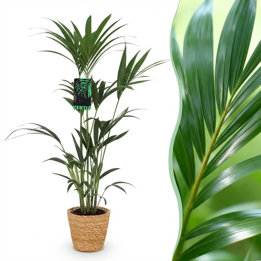 Plante d'intérieur - Howea Forsteriana - Palmier Kentia - Peu d'entretien - Vert - 1 Plante - avec Panier - Pot 21cm - Hauteur 120-130cm