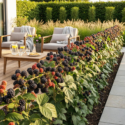 Ronce Rubus Black Satin chargée de mûres noires et rouges, formant une haie fruitière le long d'une terrasse en bois avec salon de jardin.