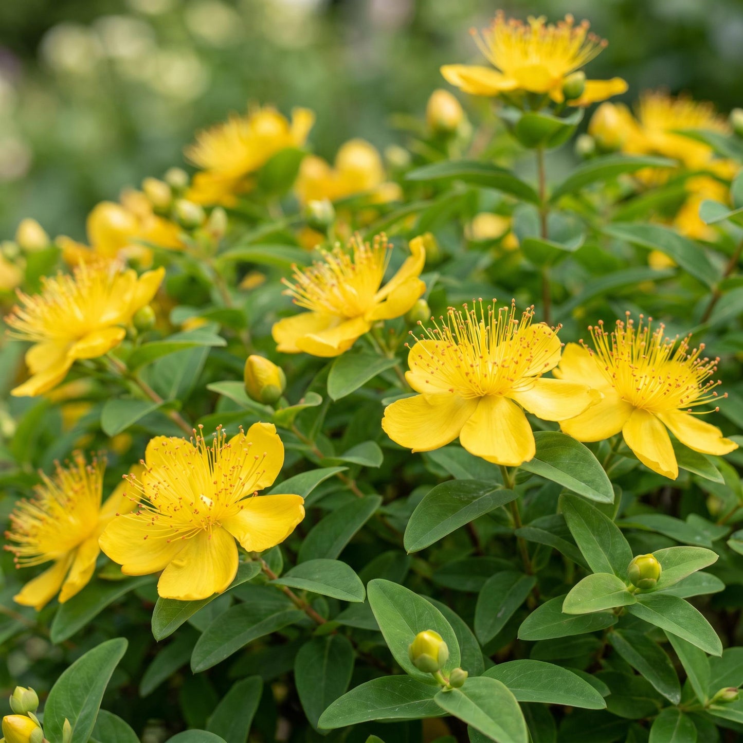 Hypericum calycinum : Gros plan vibrant du millepertuis aux fleurs jaunes vives avec de longues étamines, entouré de feuilles vertes luxuria