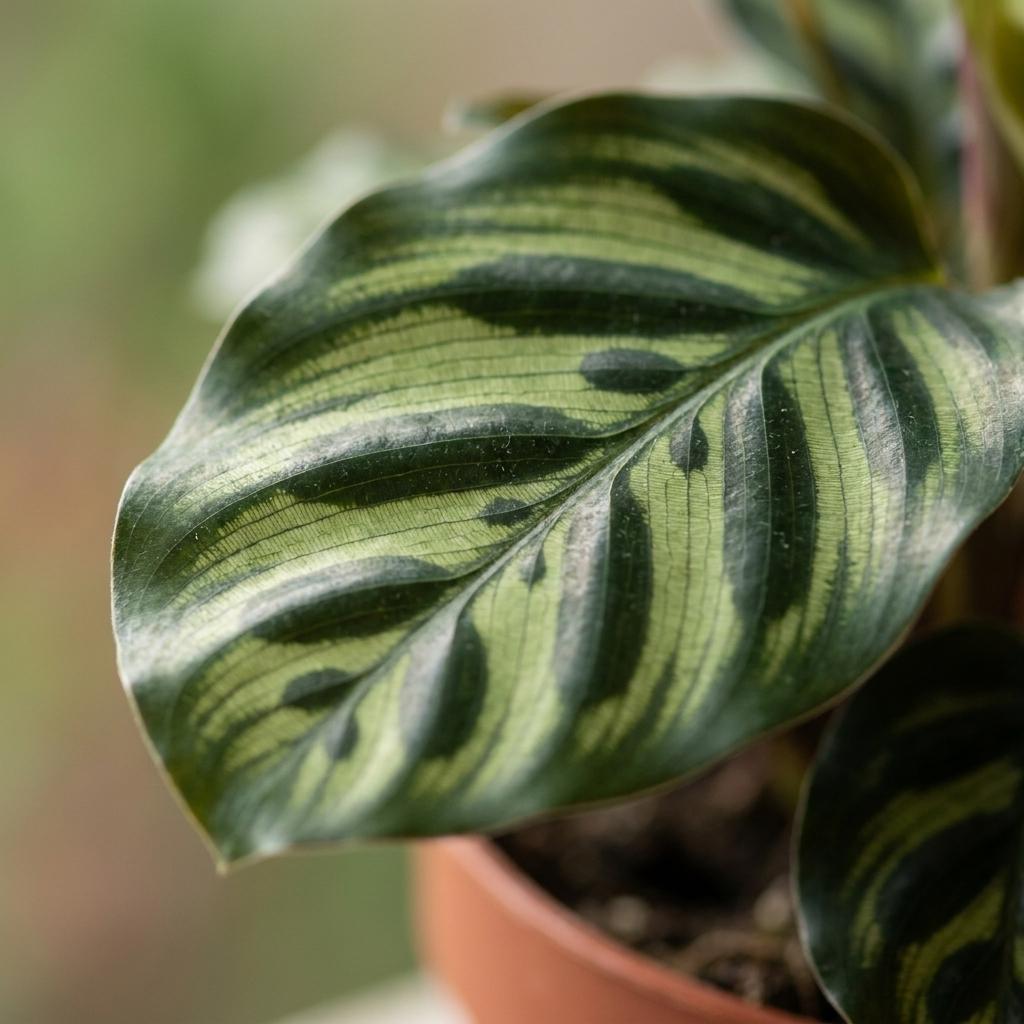 Magnifique feuille de Calathea Makoyana, la plante paon, avec ses motifs vert clair et foncé caractéristiques dans un pot marron