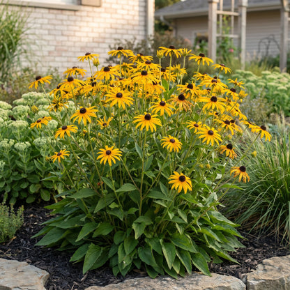 Rudbeckia fulgida 'Goldsturm', aussi appelé Chapeau de soleil, avec de nombreuses fleurs jaunes lumineuses dans un jardin ensoleillé.