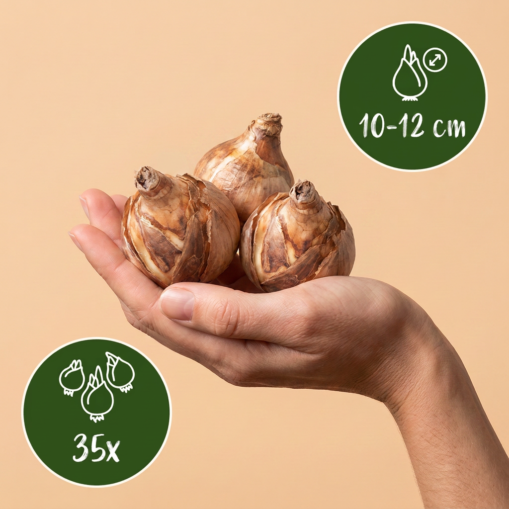 Bulbes de Mélange de bulbes pour jardin ensoleillé tenus dans une main, calibre 10-12 cm, lot de 35 bulbes.
