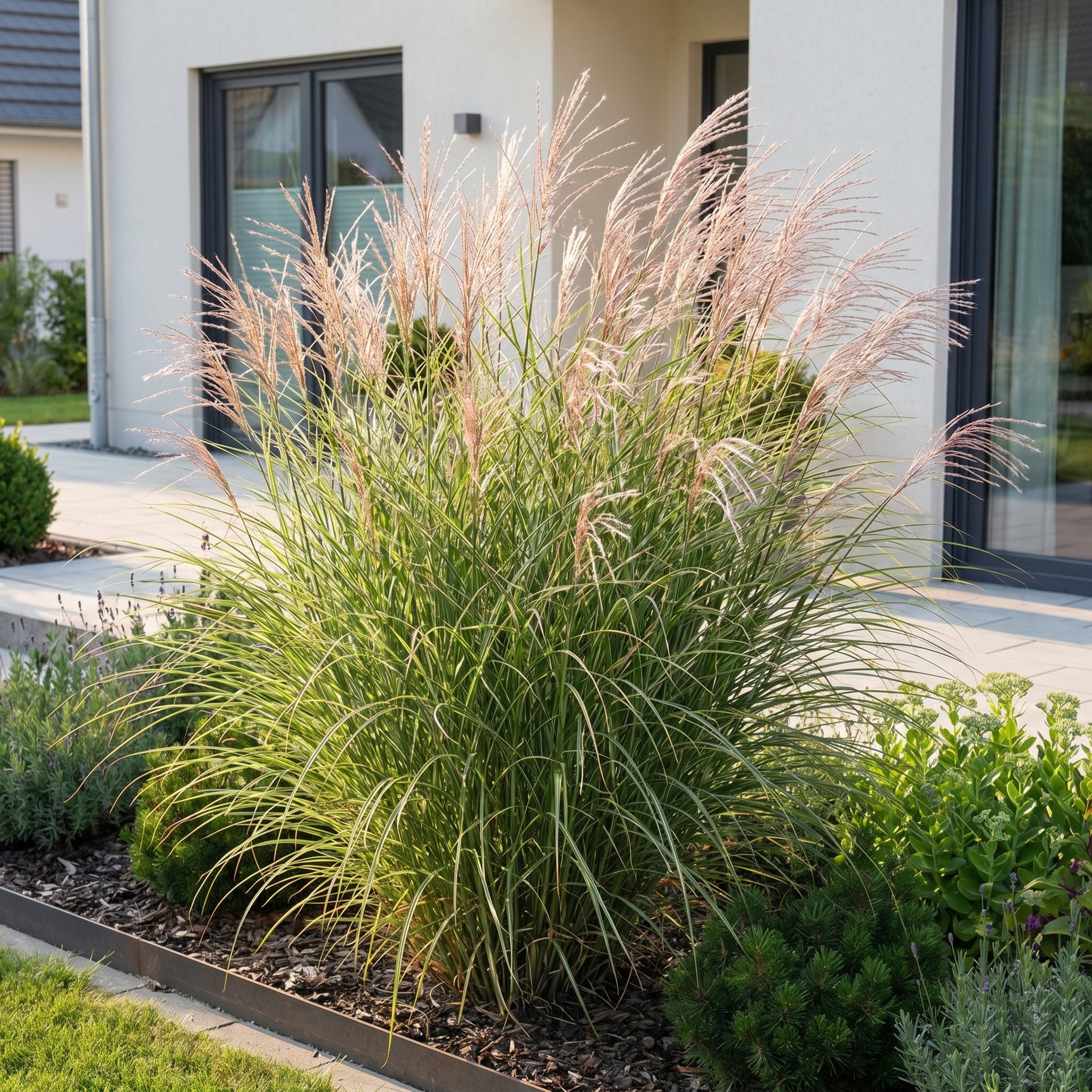 Miscanthus sin. Morning Light, herbe de la pampa, en pleine floraison avec ses plumets délicats, planté dans un jardin moderne devant une ma