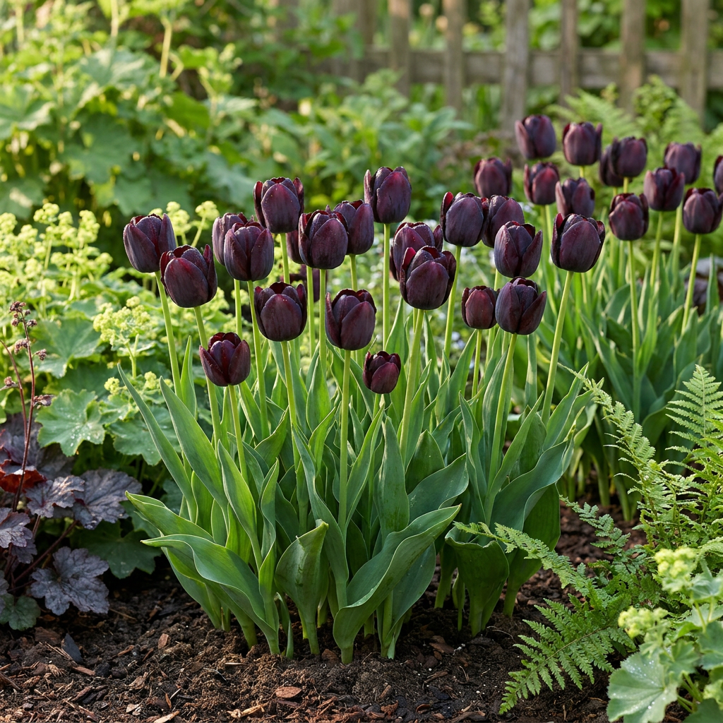 Massif de tulipes noires (Tulipa) aux fleurs sombres et élégantes dans un jardin printanier.