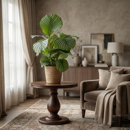 Calathea orbifolia aux grandes feuilles rondes vertes claires et foncées dans un pot beige tressé sur une table en bois