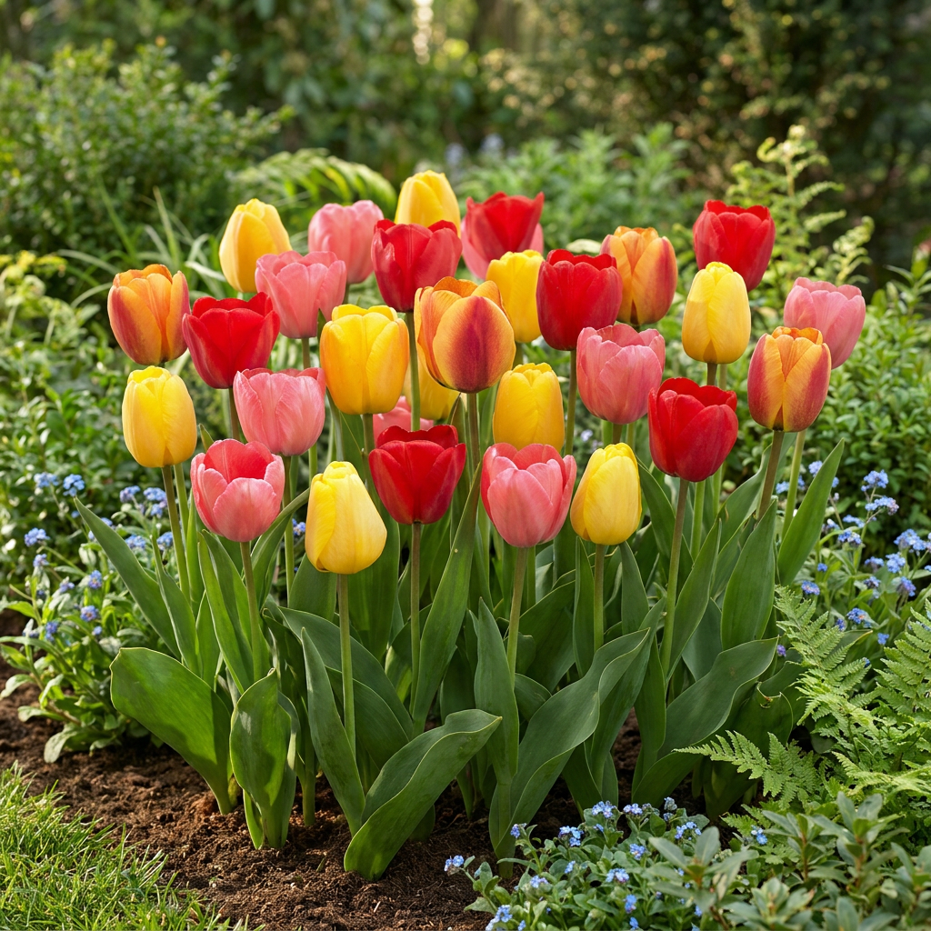 Massif de tulipes Darwin hybrides en mélange aux couleurs vives : jaunes, rouges, roses et bicolores.