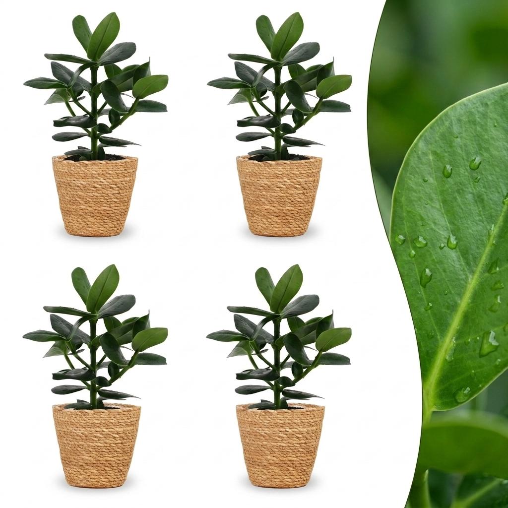 Quatre plants de Clusia Princess aux feuilles vertes foncées brillantes, chacun dans un cache-pot PanierHere en paille