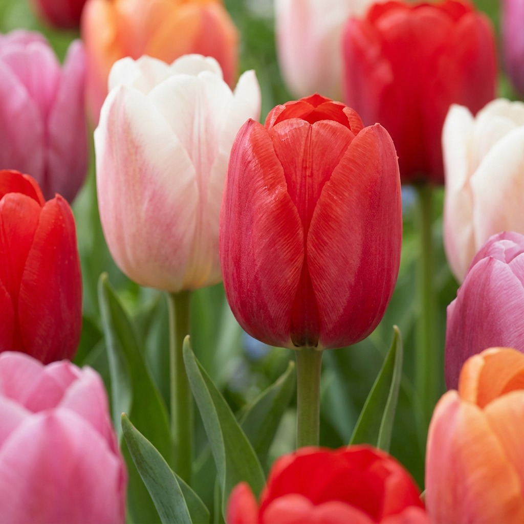 Champ de tulipes 'Glowing with Pride' aux couleurs vives : rouge, blanc, rose et orange.