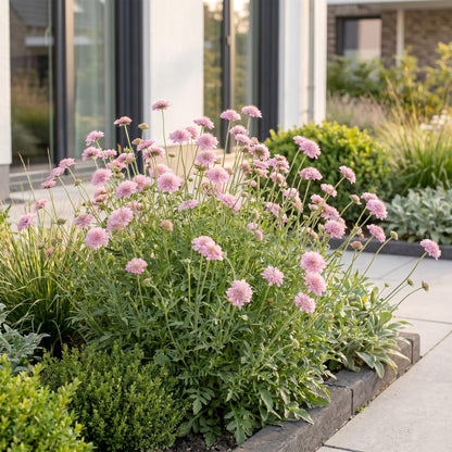 Scabiosa col. Pink Mist. Fleurs de pigeon rose pâle en pleine floraison dans un jardin moderne, bordant une terrasse en dalles et une maison