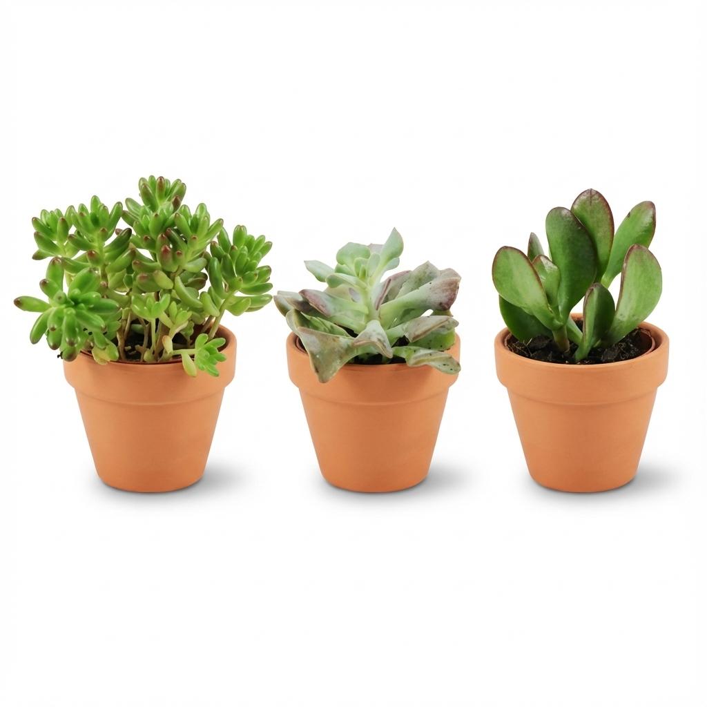 Trois mini mélange de succulentes aux feuillages variés, toutes plantées dans leurs petits pots en terre cuite