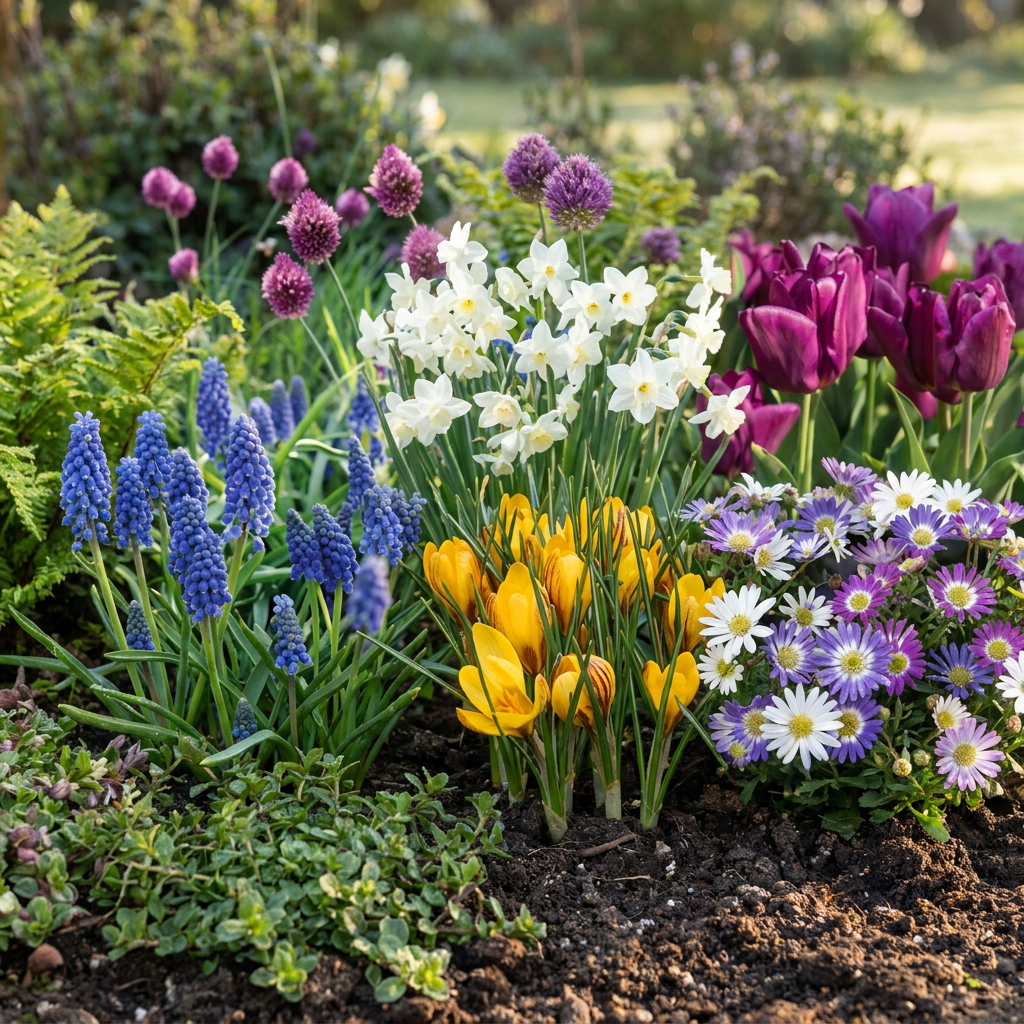 Massif de fleurs variées comprenant des muscaris bleus, des narcisses blancs, des crocus jaunes et des tulipes violettes.