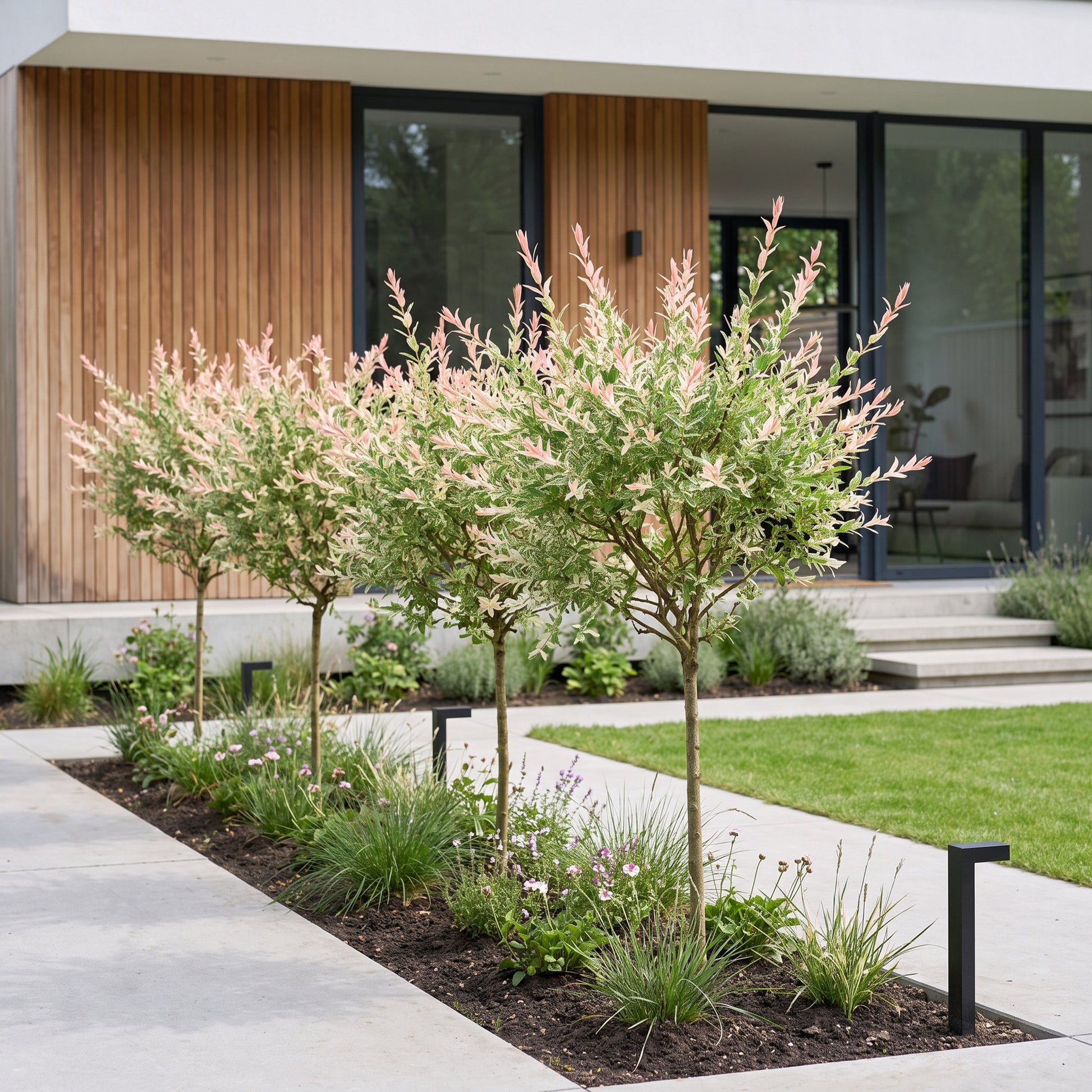 Salix Flamingo : plusieurs plants jeunes de saule crevette avec un feuillage panaché vert, blanc et rose en bordure d'une allée de jardin mo