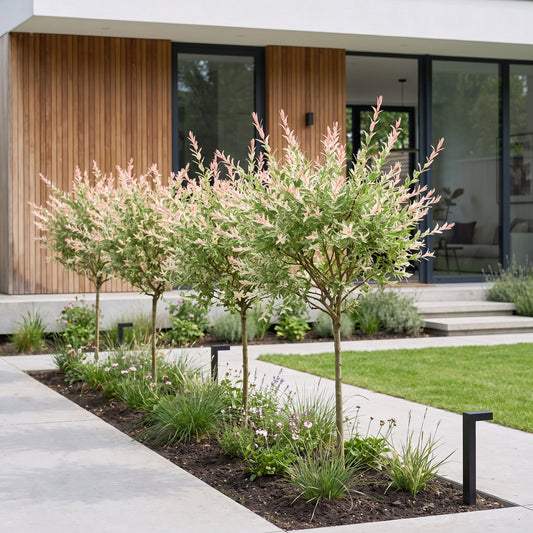 Salix Flamingo : plusieurs plants jeunes de saule crevette avec un feuillage panaché vert, blanc et rose en bordure d'une allée de jardin mo