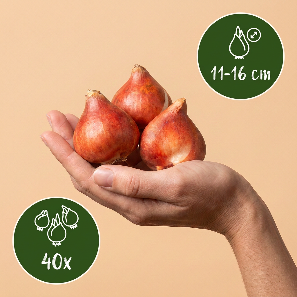 Bulbes de Tulipe 'Prince' en mélange tenus dans une main, calibre 11-16 cm, lot de 40 bulbes.