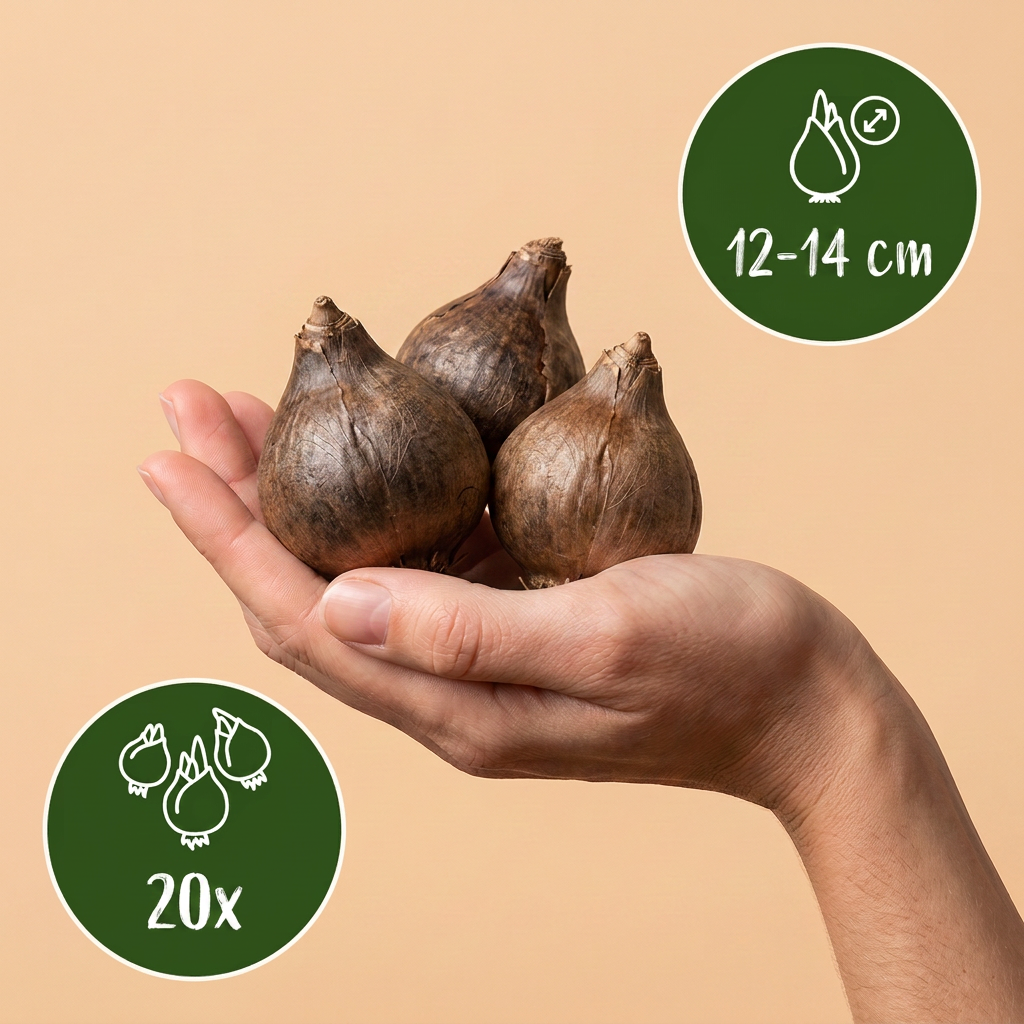 Bulbes de Camassia de Leichtlin en mélange bleu et blanc tenus dans une main, calibre 12-14 cm, lot de 20 bulbes.