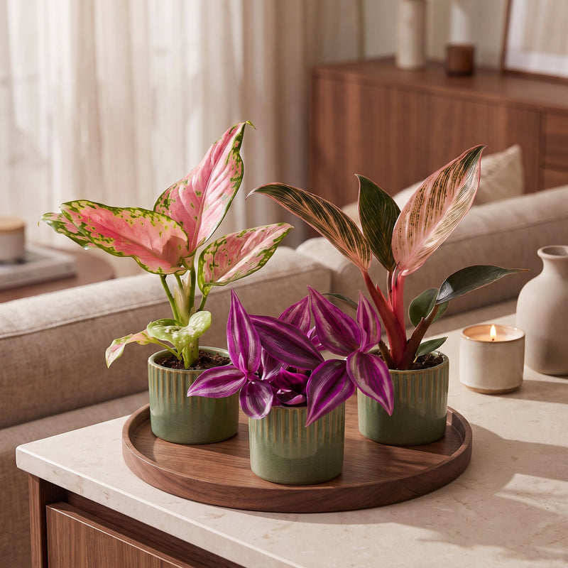Lot de bébés plantes roses : Tradescantia, Philodendron et Aglaonema - Pot de 6cm