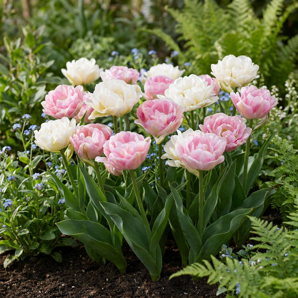 Massif de tulipes 'Double Sensation' roses et blanches en fleur dans un jardin