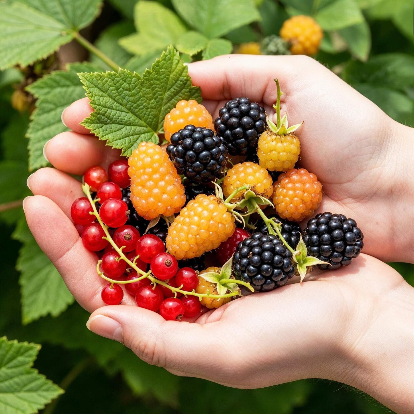 Mûres noires, framboises jaunes et baies rouges fraîchement cueillies dans les mains, avec un feuillage vert en arrière-plan.