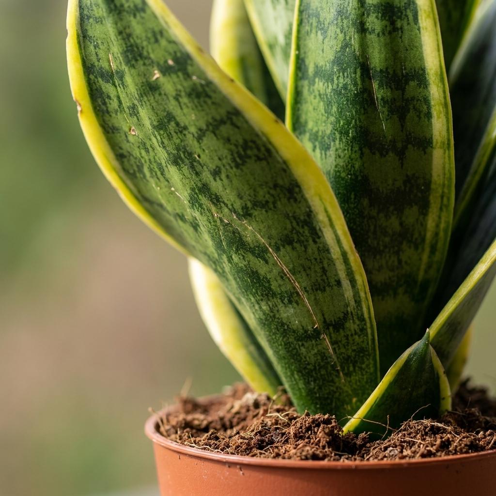 Gros plan sur une Sansevieria Futura Superba, communément appelée Langue de belle-mère, avec ses feuilles vertes panachées de jaune et son