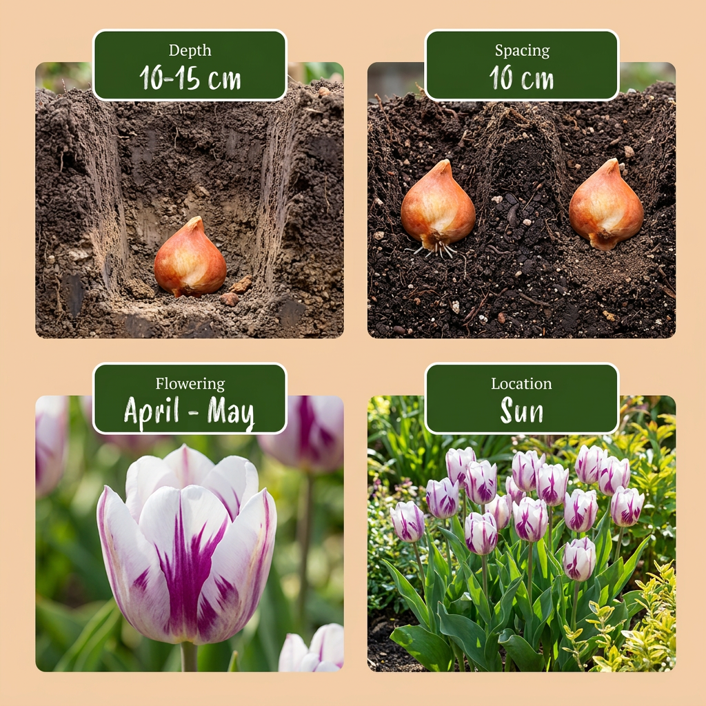 Guide de plantation des bulbes de Tulipe Flaming Flag avec profondeur, espacement, floraison et exposition.