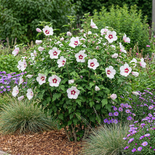Hibiscus syriacus Hamabo en pleine floraison dans un jardin, avec ses fleurs rose clair et son cœur rouge vif, entouré d'autres plantes.