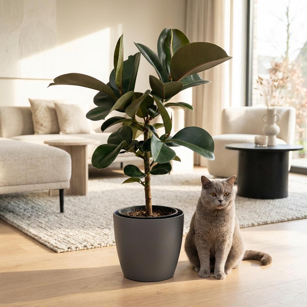 Plante d'intérieur - Plante caoutchouc - Ficus Elastica Cloe - Vert - Peu d'entretien - 1 Plante - avec Potter Gris - Pot 19cm - Hauteur 65cm