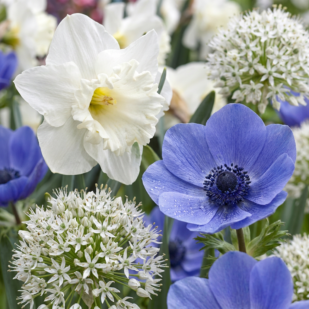 Variété de fleurs du mélange pour jardin ensoleillé, avec des narcisses blancs, anémones bleues et alliums blancs.