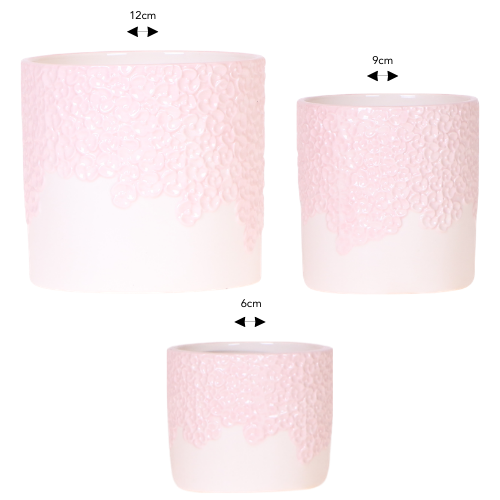 Lot de 3 cache-pots céramique en relief floral - rose (6, 9 et 12 cm)