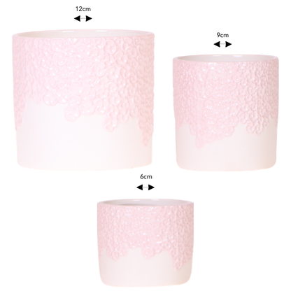 Lot de 3 cache-pots céramique en relief floral - rose (6, 9 et 12 cm)