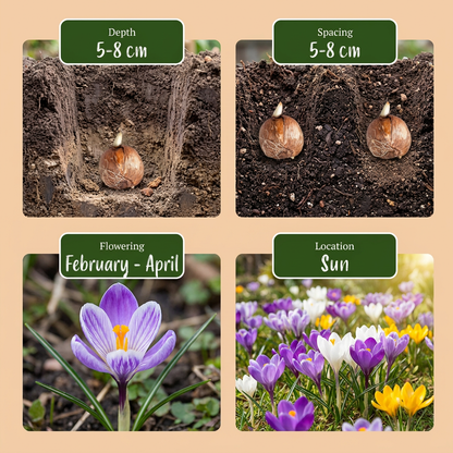 Guide de plantation des bulbes de crocus, incluant profondeur, espacement, période de floraison et exposition.