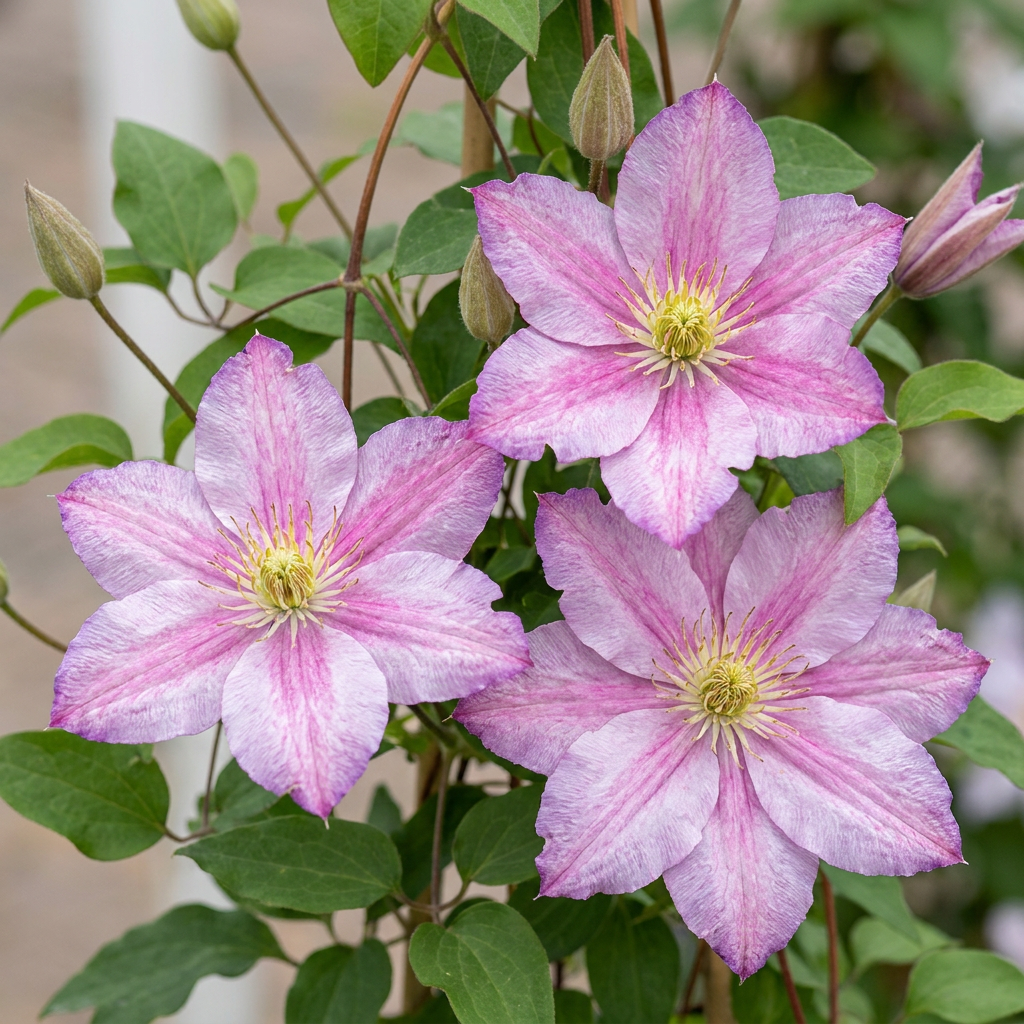 Clématite 'Piilu' (Clematis) - grimpante à grandes fleurs rose et blanc