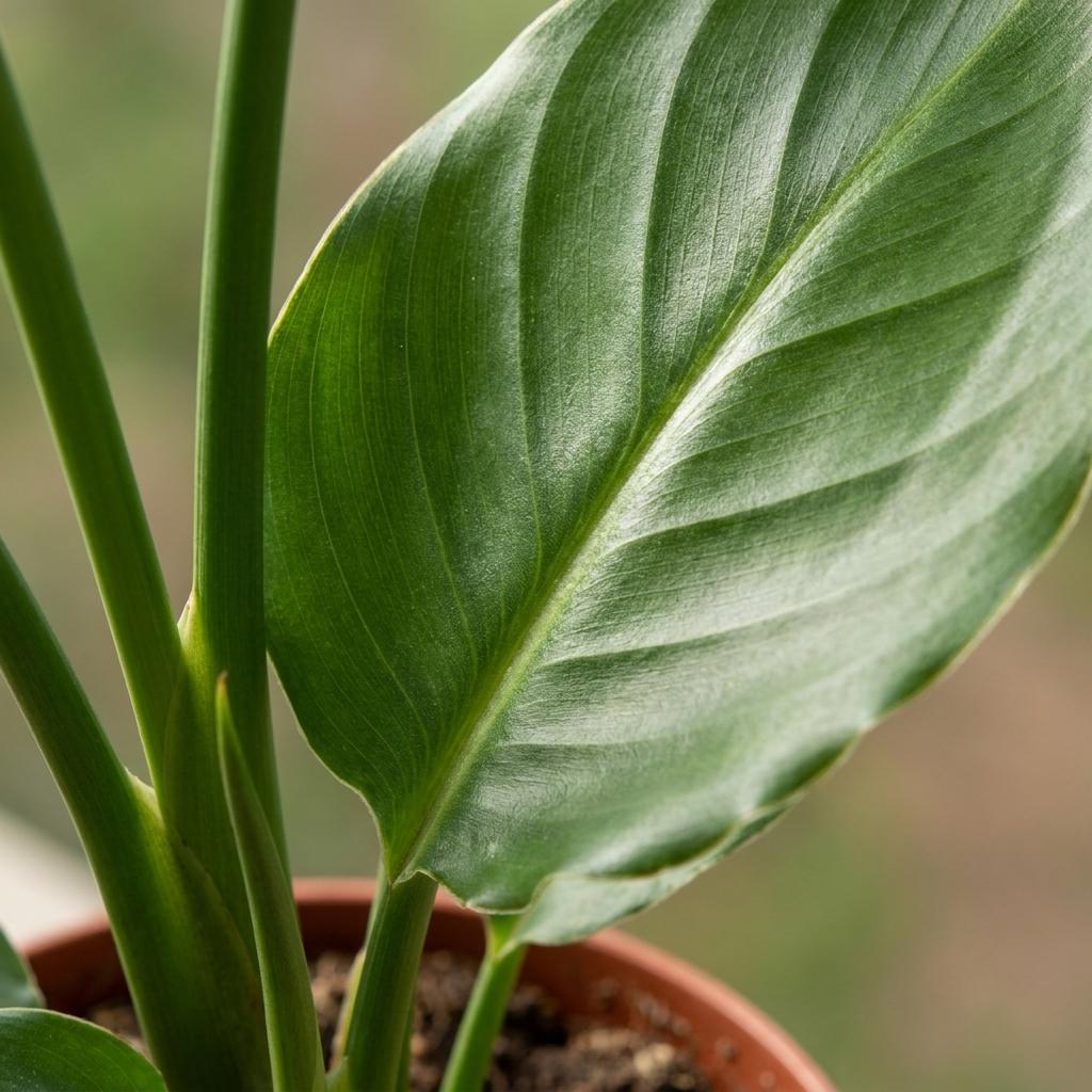 Gros plan sur une grande feuille vert foncé de la plante Strelitzia Reginea, montrant ses nervures et le terreau dans un pot en terre cuite