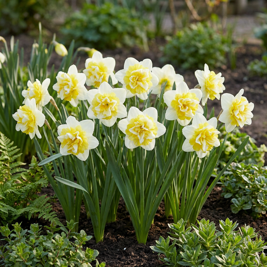 Massif de narcisses 'Ice King' à fleurs blanches et jaunes dans un jardin printanier.